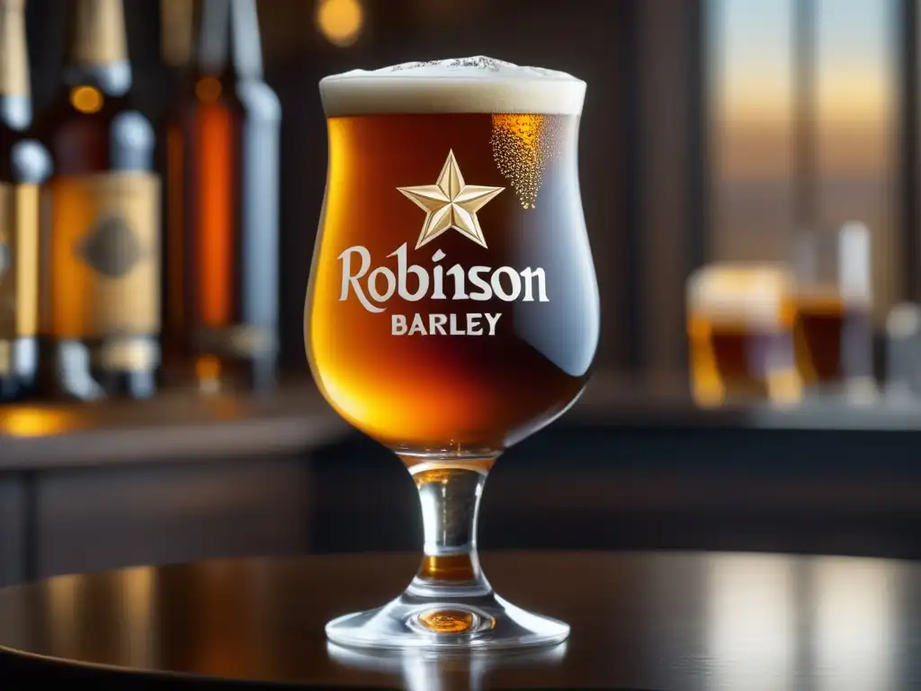 Detallada imagen de una copa de cristal con cerveza barleywine Barleywine Robinson's Old Tom en vaso de cristal con diseño intrincado, reflejos y burbujas