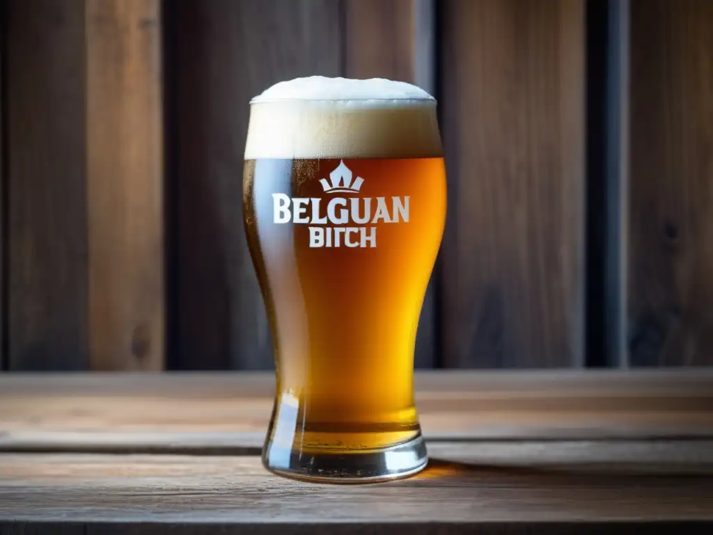 Cerveza Belgian IPA en copa de vidrio Cerveza Belgian IPA en vaso de vidrio, espuma cremosa y detalles macro (110 caracteres)