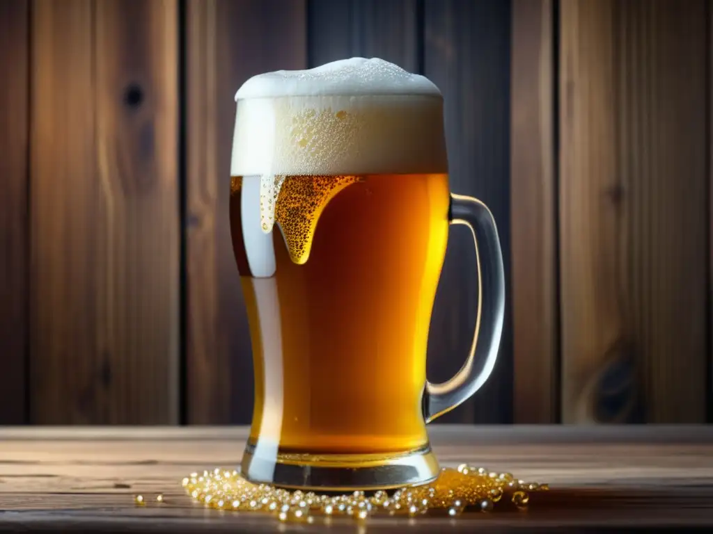 Cerveza dorada y efervescente en vaso de cristal Cerveza de Oro: Imagen 8k ultradetallada de un vaso de cerveza dorada y efervescente sobre una mesa de madera rústica