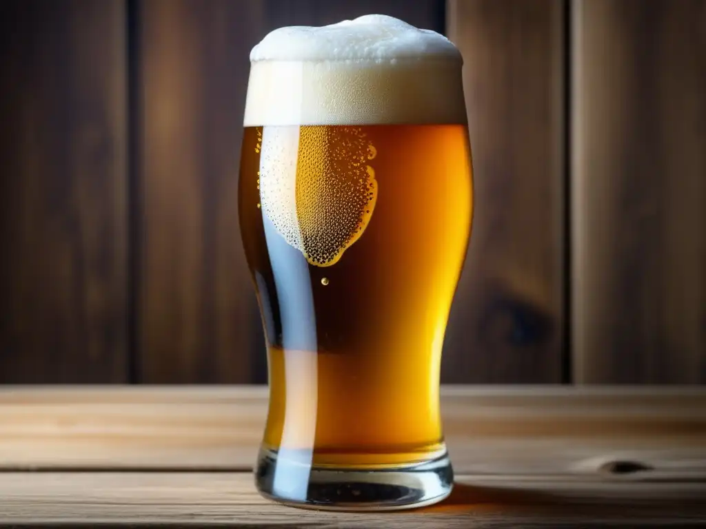 Cerveza dorada con espuma abundante en mesa de madera Cerveza dorada y espumosa en vaso de vidrio sobre mesa de madera en imagen detallada