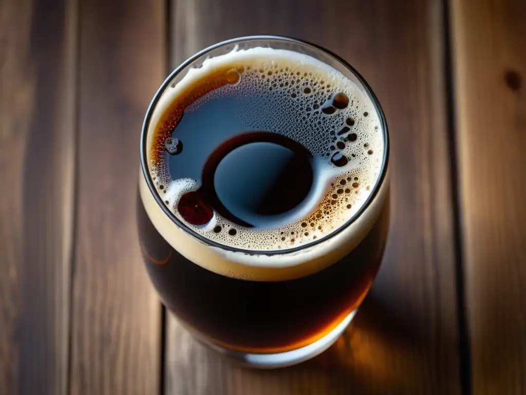 Deliciosa cerveza oscura en vaso Imagen de una cerveza oscura 'Dark Lager' en vaso de vidrio sobre mesa de madera