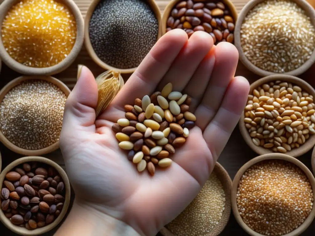 Mano sosteniendo granos malteados Desde el Grano: Detalle de granos malteados mostrando variedades y colores, con luz resaltando textura y detalles