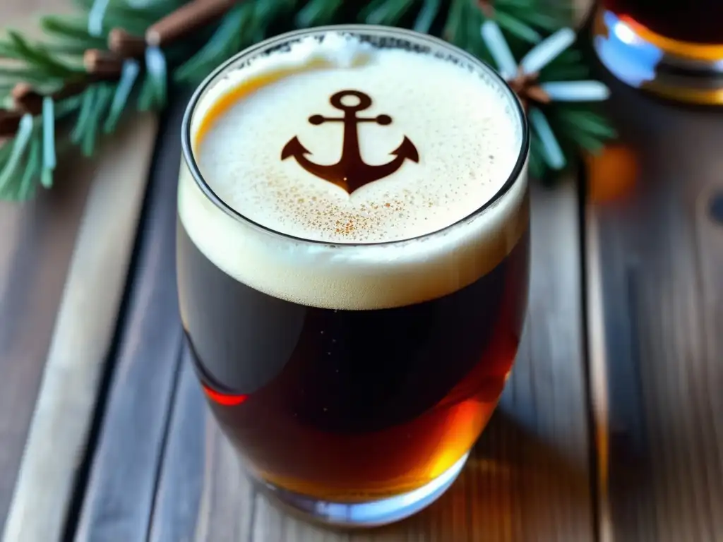 Cerveza navideña Anchor: rica, oscura y efervescente Cerveza navideña Anchor Christmas Ale, espuma cremosa, burbujas efervescentes, fondo de mesa de madera rústica con adornos de pino y canela