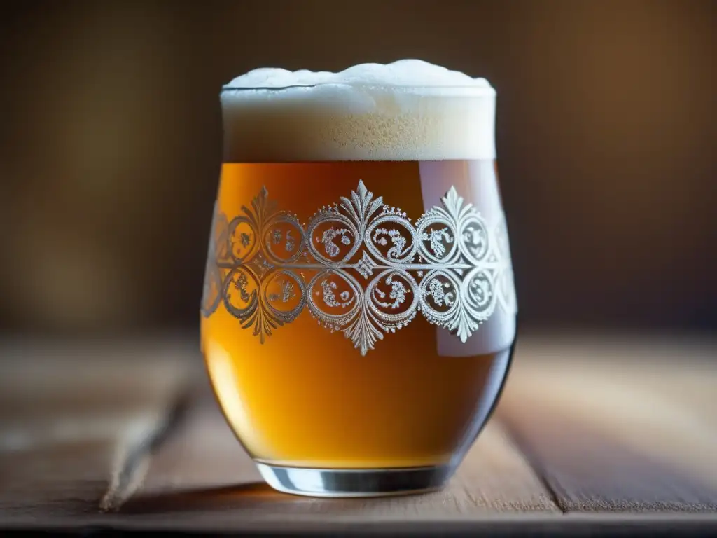 Cerveza belga artesanal en vaso decorado Imagen de alta resolución de una copa de cerveza belga espumosa, realzando su naturaleza artesanal y color dorado
