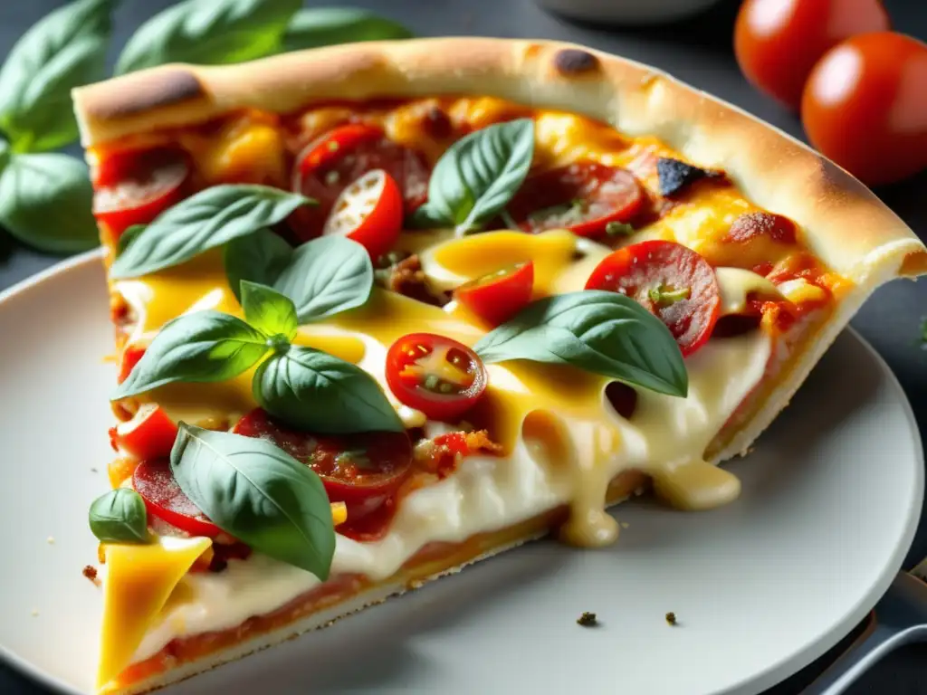 Deliciosa pizza gourmet con queso de cerveza y variados ingredientes Ale dorada y pizza gourmet con toppings variados, texturas y colores vibrantes