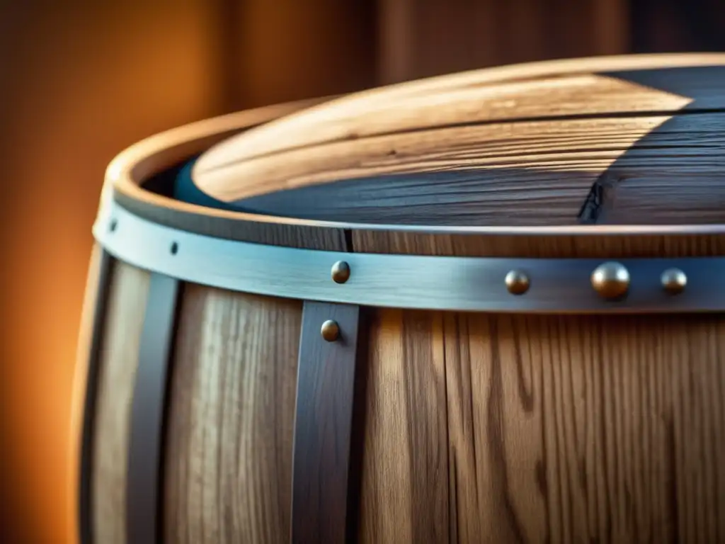 Inversiones Cerveceras: Detalle exquisito de barril de madera y cervezas artesanales, resaltando texturas, colores y marcas