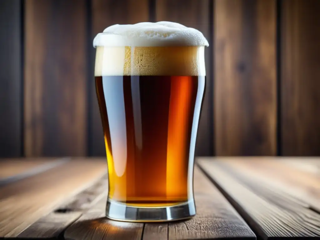 Cerveza ámbar en vaso de vidrio Cerveza ámbar con espuma cremosa y condensación en un vaso de madera - Impresiones y Registro