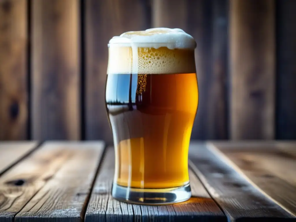 Cerveza artesanal con ingredientes adjuntos Imagen detallada de una cerveza artesanal con tonos dorados, en una mesa de madera rústica