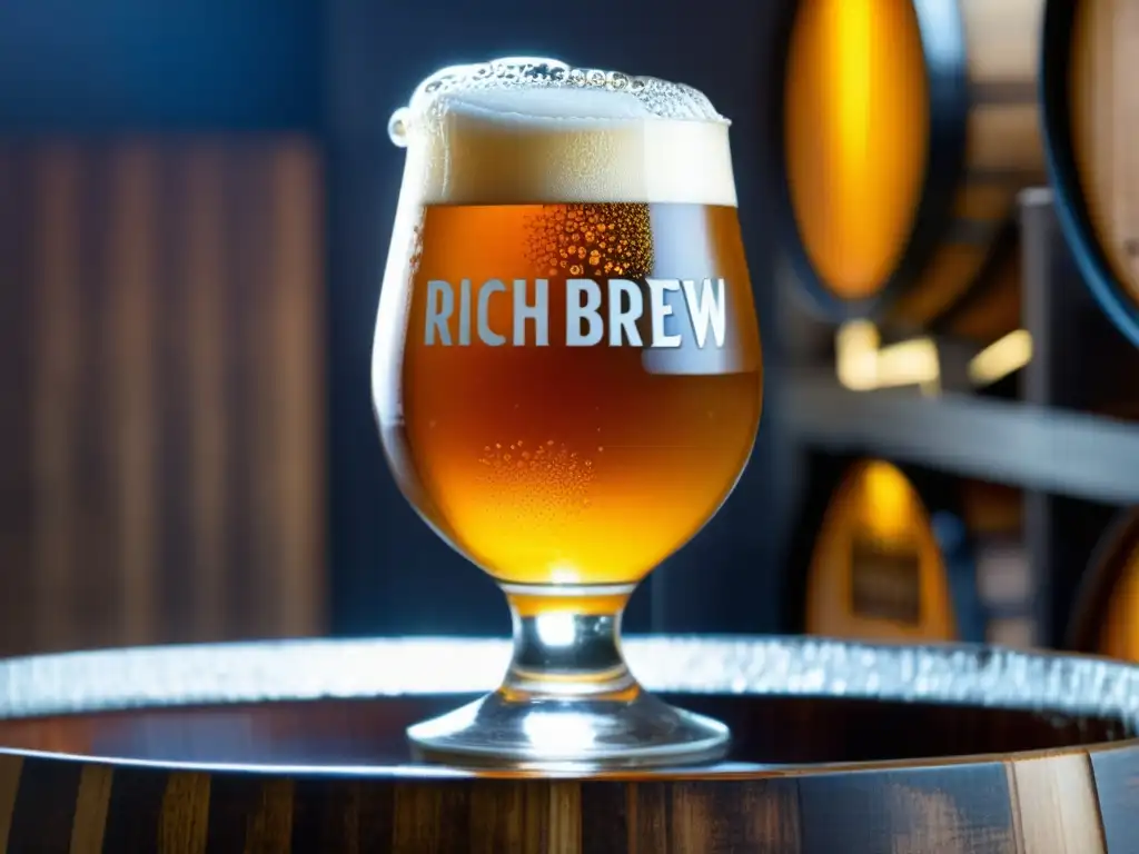 Cerveza artesanal ámbar en copa de vidrio sobre barril de madera Cerveza artesanal ámbar en vaso sobre barril de madera - Entre Tanques y Barriles