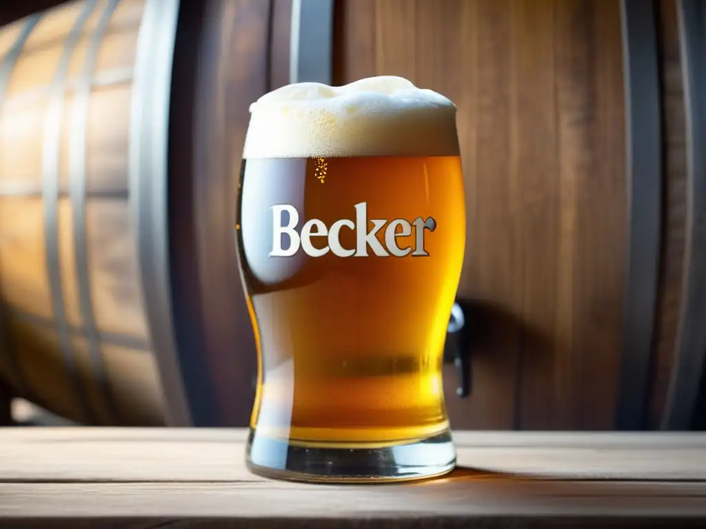 Cerveza artesanal dorada con espuma cremosa Cerveza artesanal Becker: detalle de un vaso dorado con espuma cremosa y burbujas, elegante y sofisticado