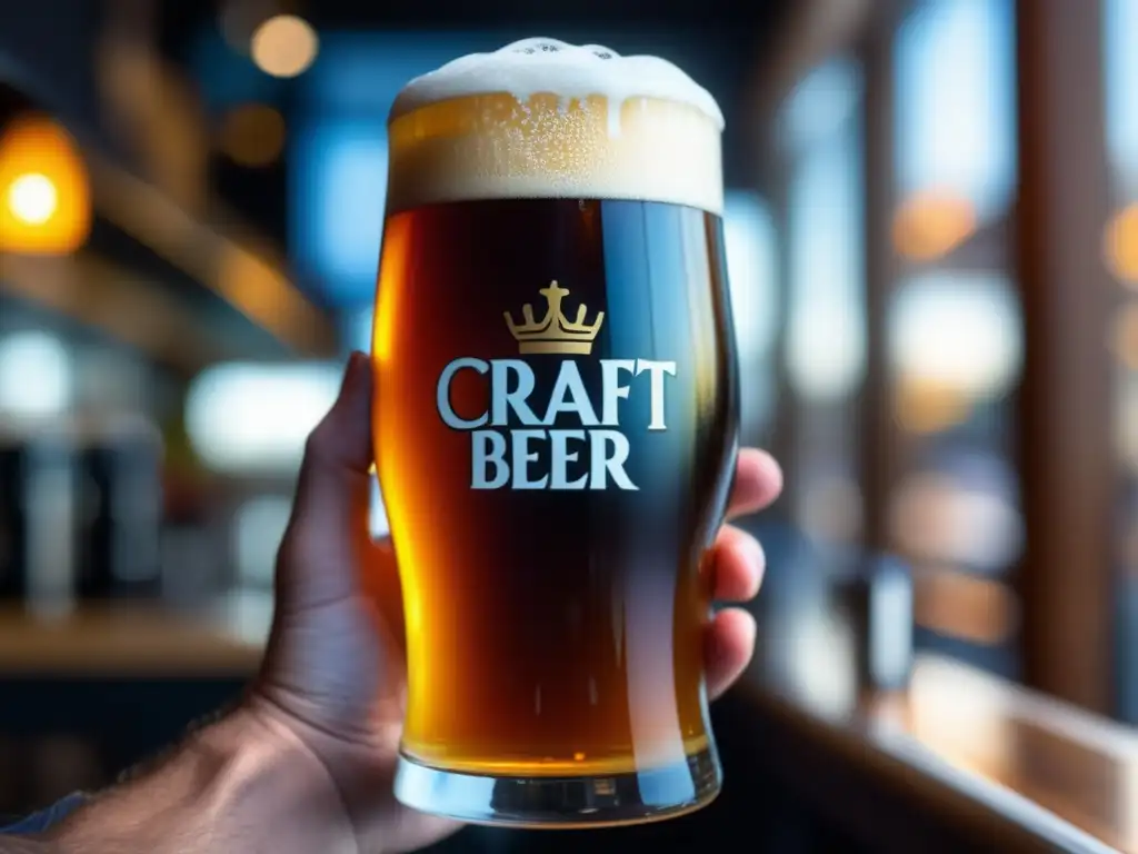 Ruta por Australia: Cerveza artesanal en Melbourne, con detalles en 8k de un vaso de cerveza ámbar, espuma, condensación y grifos de cerveza