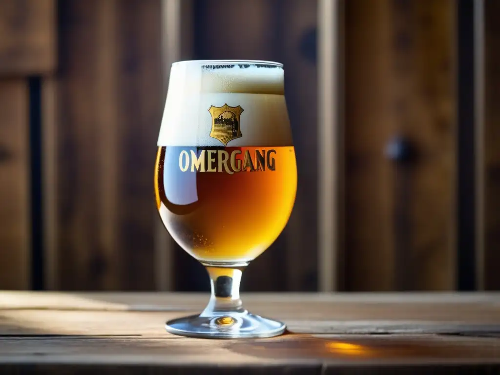 Cerveza envejecida en barrica Ommegang Ediciones limitadas: Detallada imagen de una cerveza Ommegang envejecida en barriles, con un vaso en una mesa de madera rústica y ambiente cálido