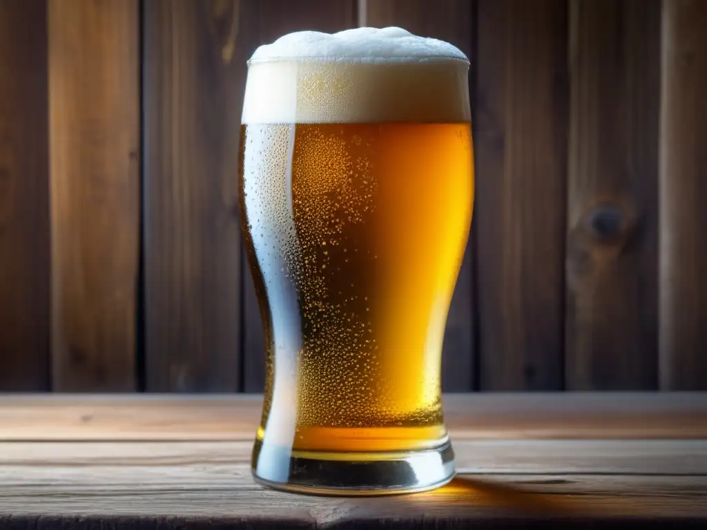 Cerveza dorada en vaso de vidrio Imagen de cerveza dorada con burbujitas y espuma, ideal para Apps para Cerveceros