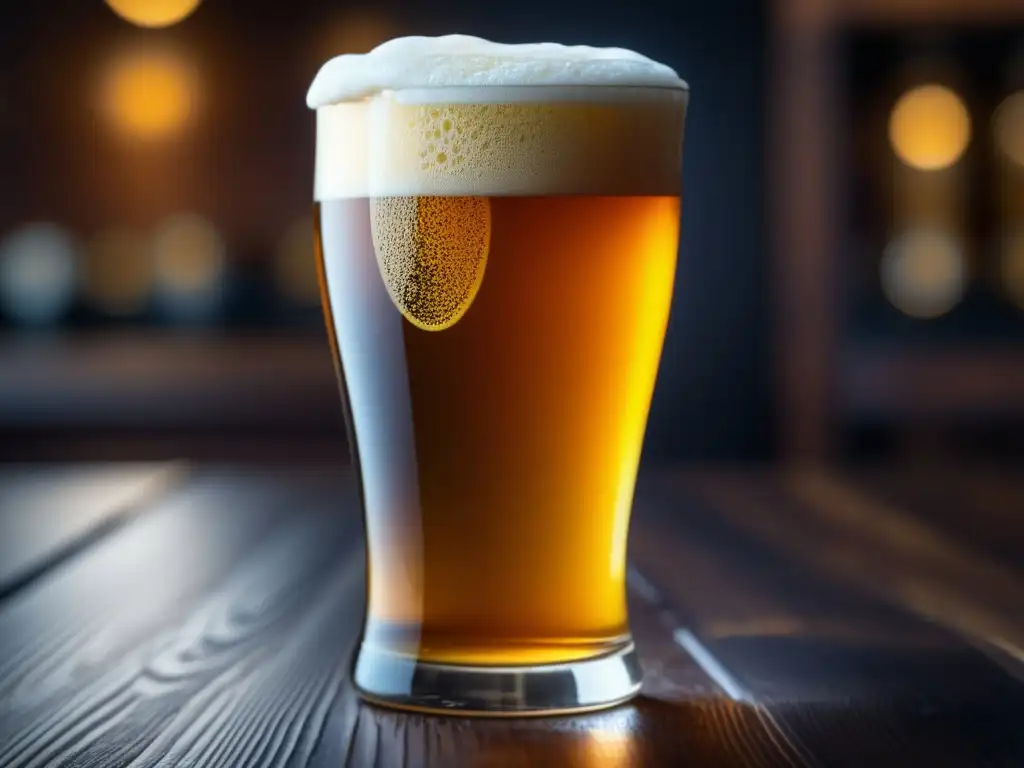 Cerveza dorada en vaso con espuma cremosa y lúpulos