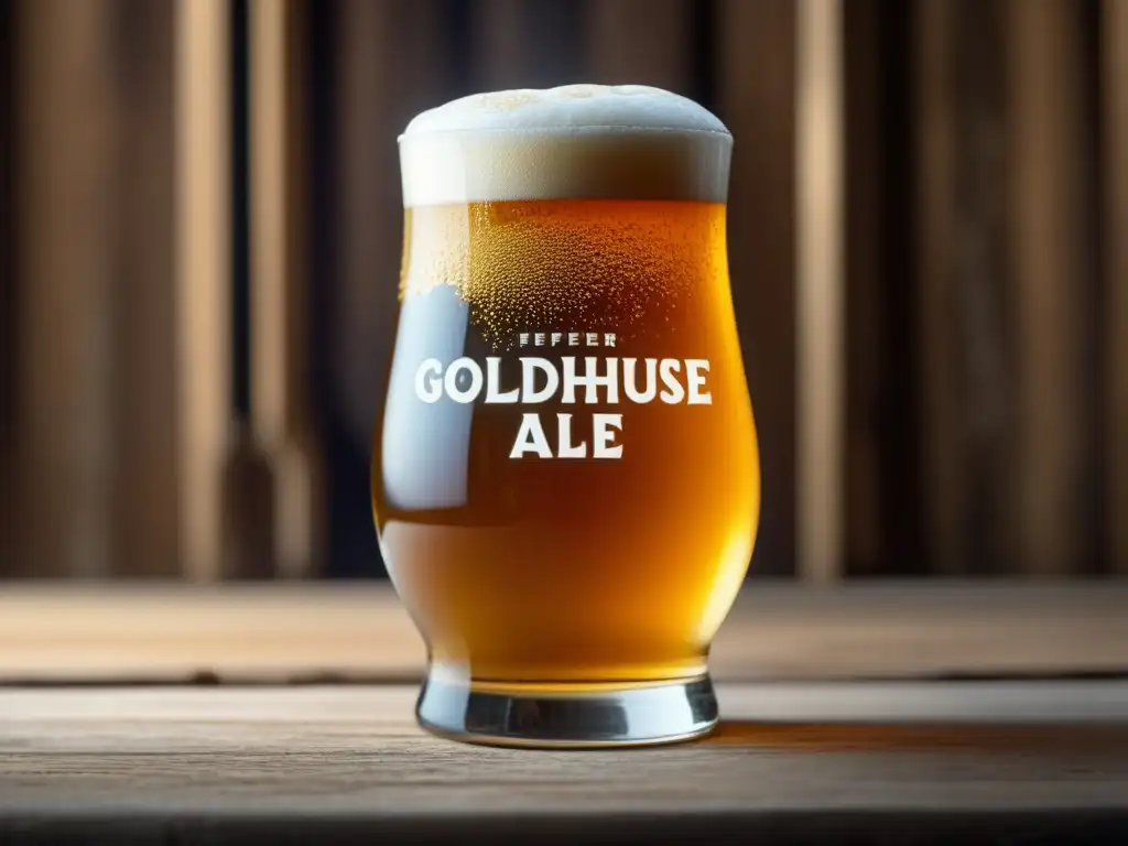 Cerveza artesanal dorada con burbujas Detallada imagen de una cerveza Farmhouse Ale dorada en un vaso, con burbujas y claridad que reflejan la luz ambiental