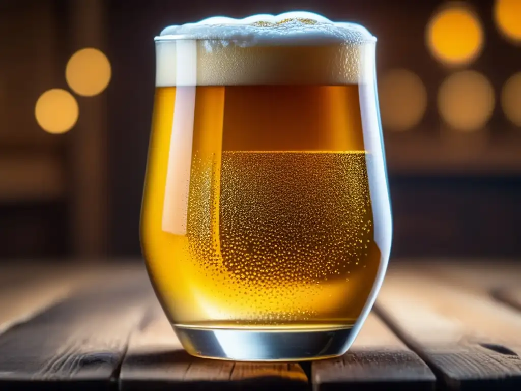 Cerveza dorada en vaso de cristal Imagen detallada de cerveza Czech Lager en vaso sobre mesa de madera, resaltando su apariencia y color
