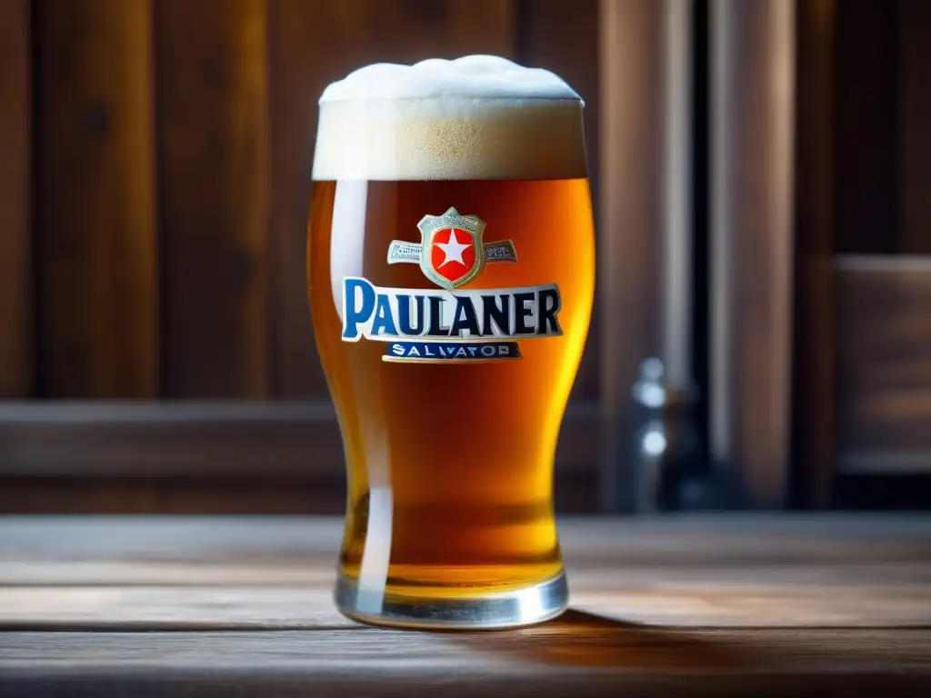 Cerveza Paulaner Salvator en vaso de vidrio Imagen de cerveza Paulaner Salvator en vaso, con burbujas y espuma cremosa - Doppelbock