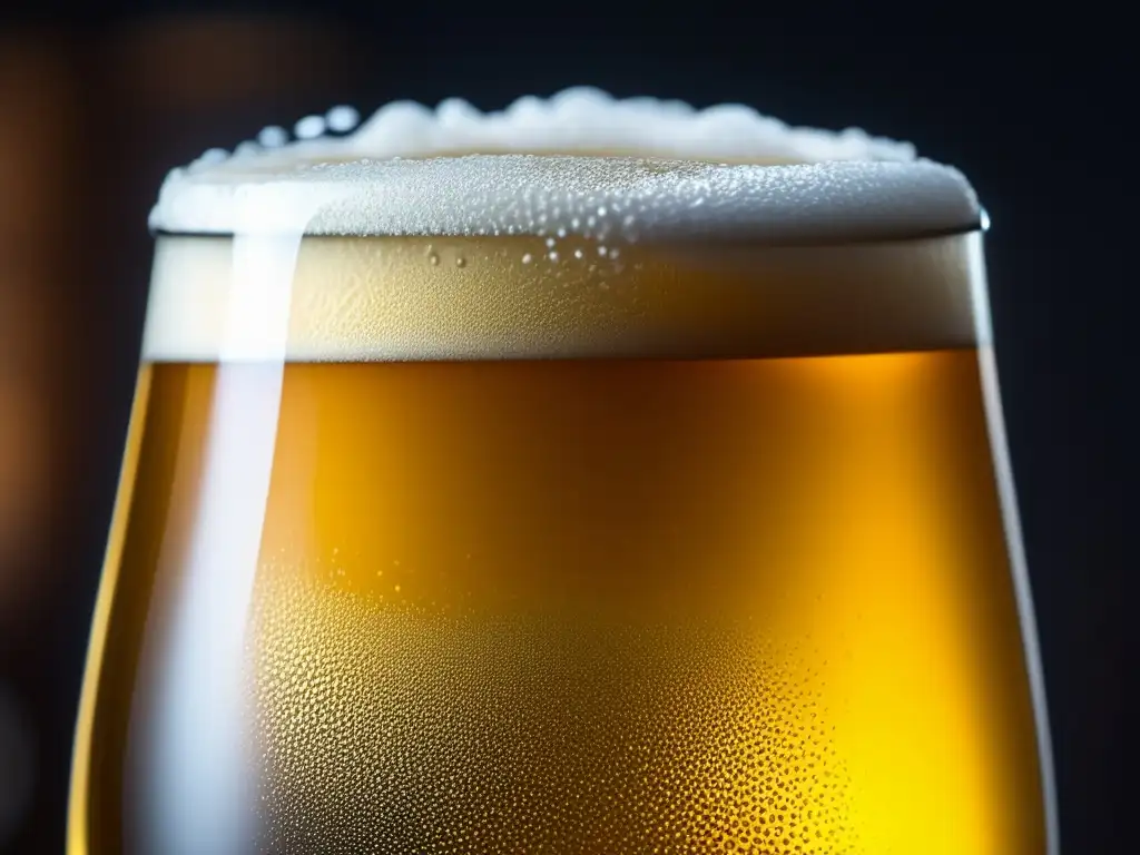Cerveza Saison dorada con burbujas Detalle del Saison dorado en vaso, burbujeante y claro, con condensación en el vidrio y enfoque en los detalles