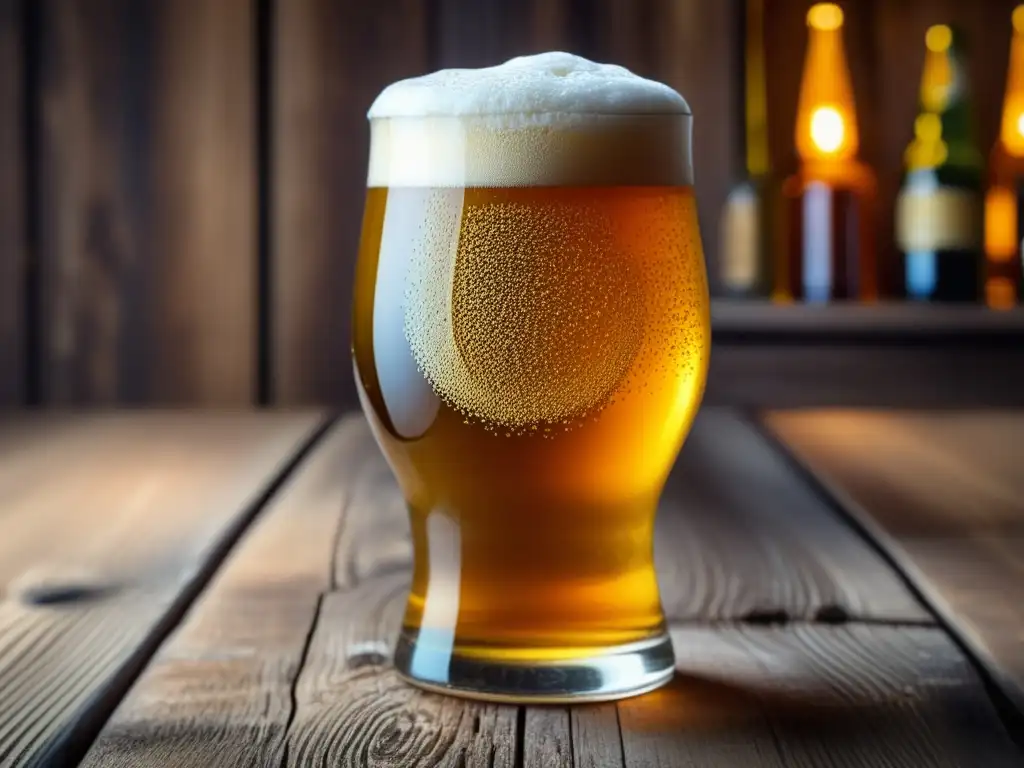 Cerveza sin alcohol dorada en un vaso de vidrio Cervezas sin alcohol en vaso de vidrio con burbujas y fondo de cervecería