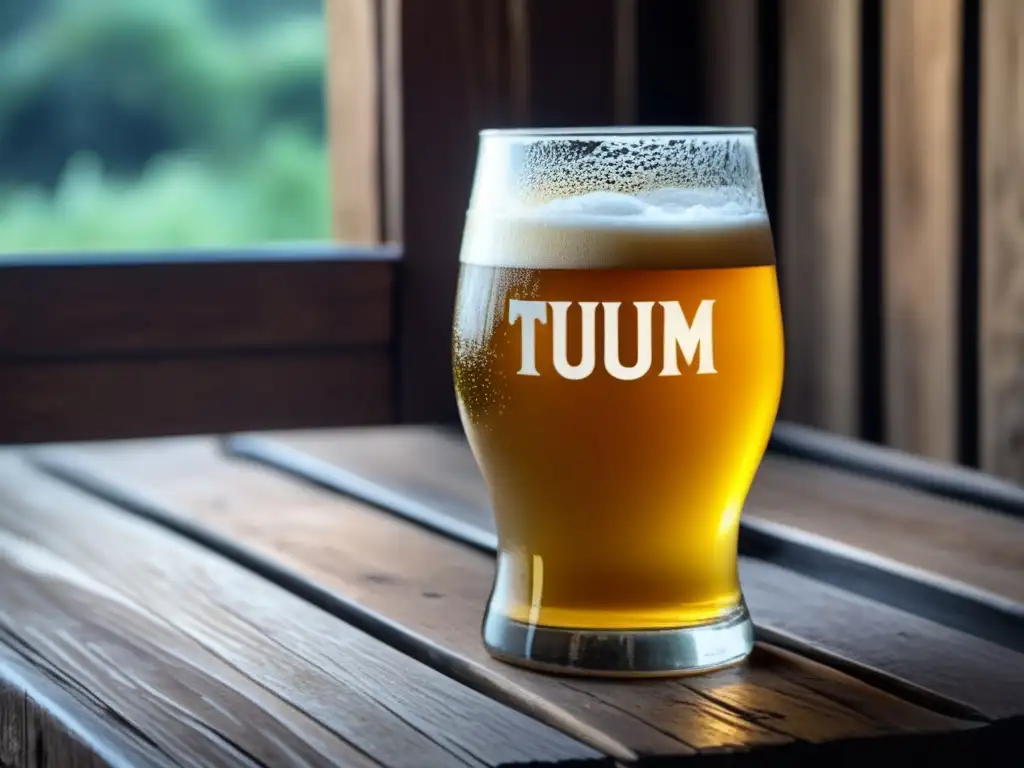 Cerveza dorada en vaso de vidrio Una imagen detallada de una cerveza dorada Tulum Pilsner en vaso de cristal, sobre mesa de madera rústica