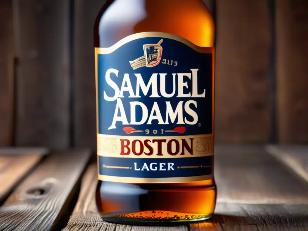 Cerveza Samuel Adams Boston Lager en mesa de madera Detalle impresionante de una botella de cerveza Samuel Adams Boston Lager en una mesa de madera rústica