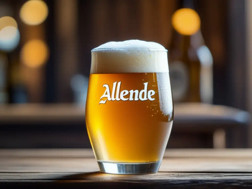 Cerveza dorada en vaso de cristal Imagen detallada de una cerveza Allende Golden Ale en vaso, con espuma cremosa y burbujas, en un ambiente rústico