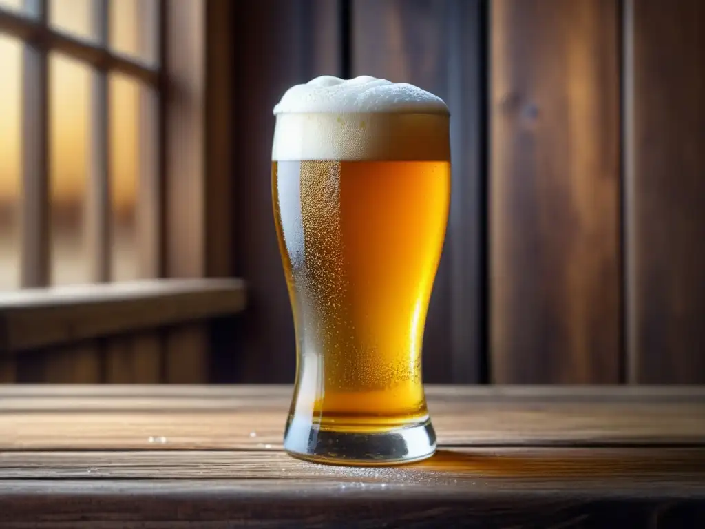 Cerveza dorada con espuma y burbujas en una mesa de madera - Introducción al mundo cervecero