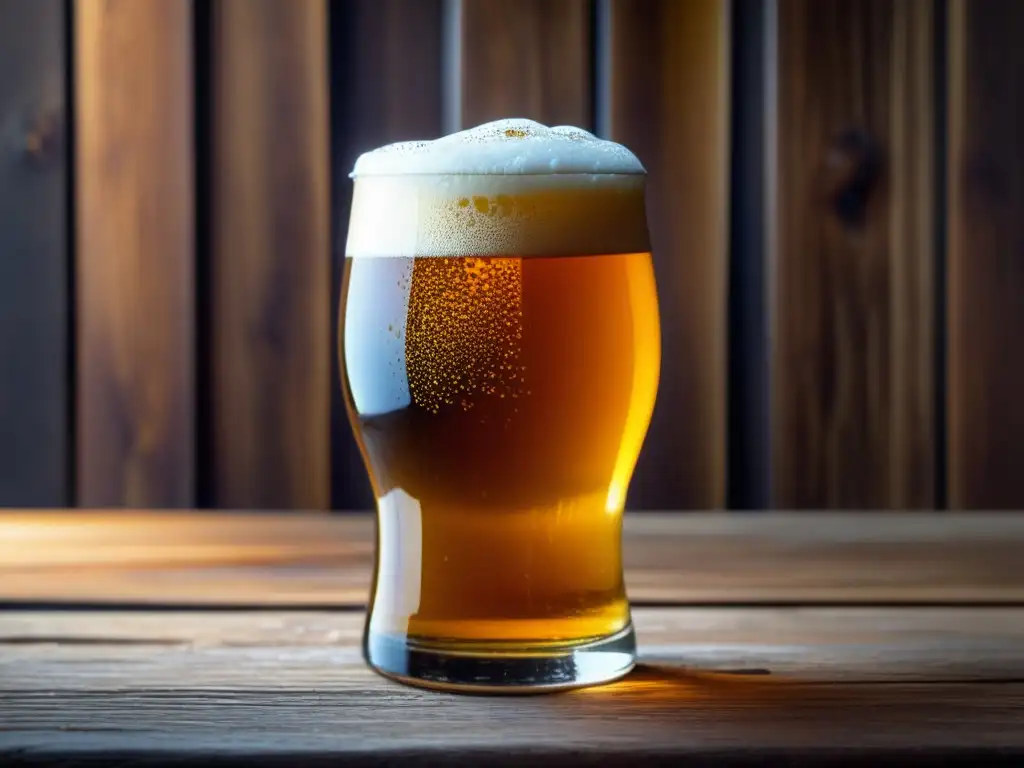 Cerveza artesanal dorada en mesa rústica Cerveza artesanal en vaso con espuma, ingredientes y texturas - libro cerveza y gastronomía