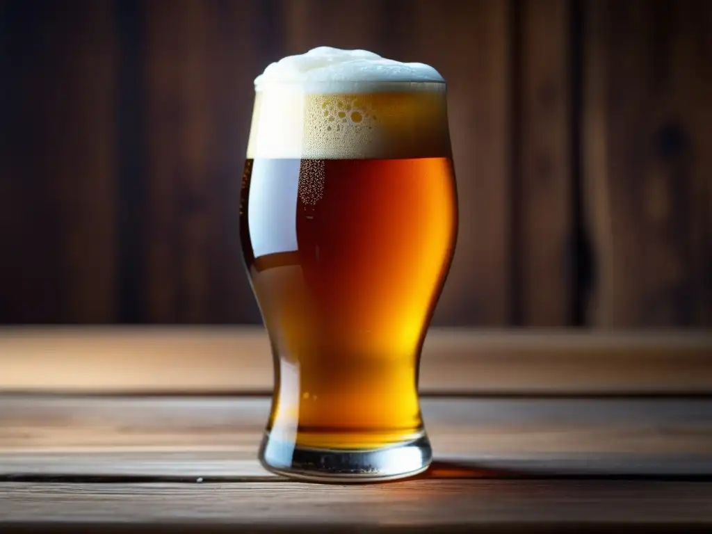 Cerveza artesanal en vaso, color ámbar y espuma cremosa