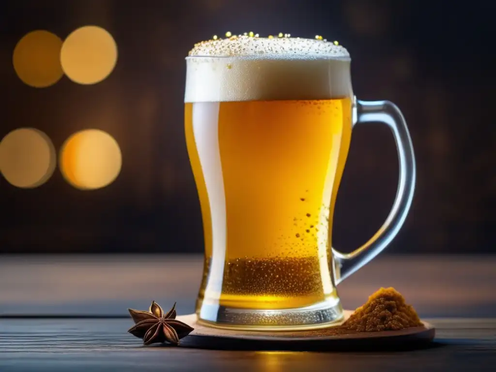 Cerveza con especias delicadamente espolvoreadas Cerveza con especias y condensación en vidrio sobre mesa de madera oscura