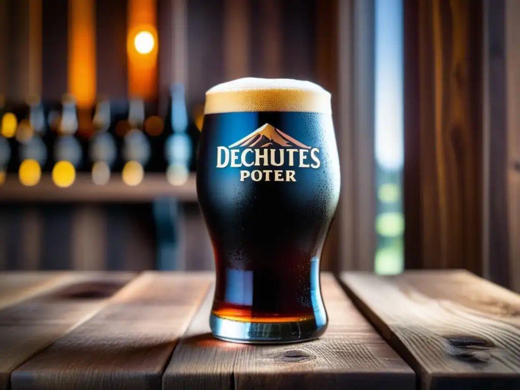 Cerveza negra Deschutes Black Butte Porter en vaso Copa de Deschutes Black Butte Porter: cerveza oscura con espuma y textura sofisticada