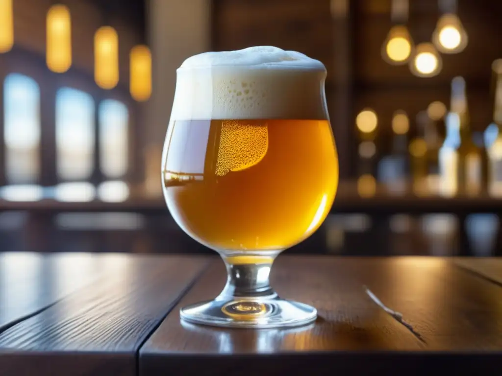 Cerveza dorada con espuma cremosa y granos de cebada Jack McAuliffe: Detallada imagen de una cerveza dorada en vaso de vidrio en una mesa de madera