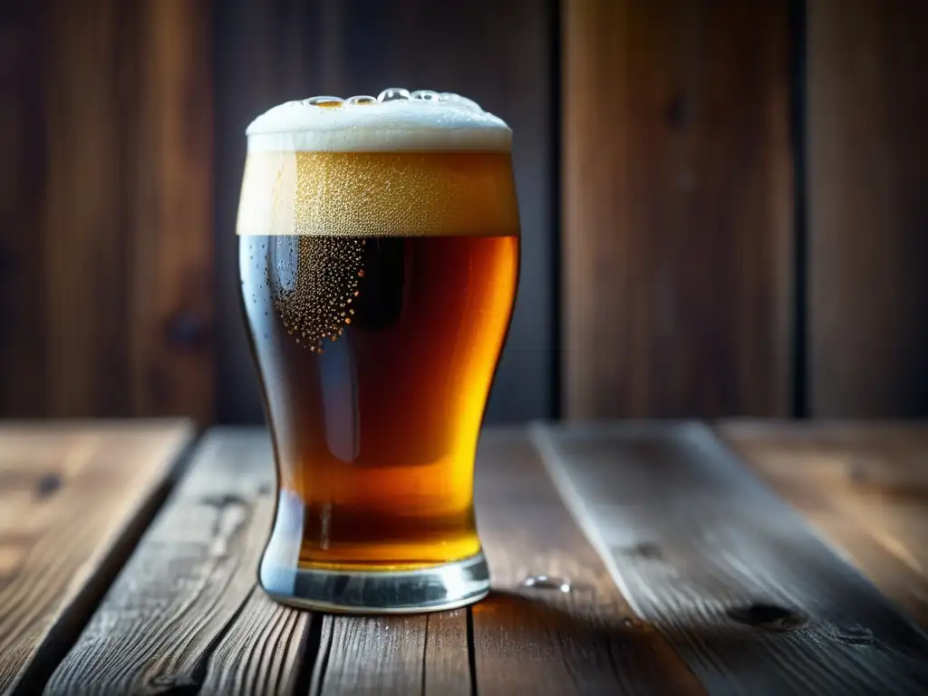 Cerveza Eisbock ámbar en vaso con gotas de condensación, sobre mesa de madera rústica