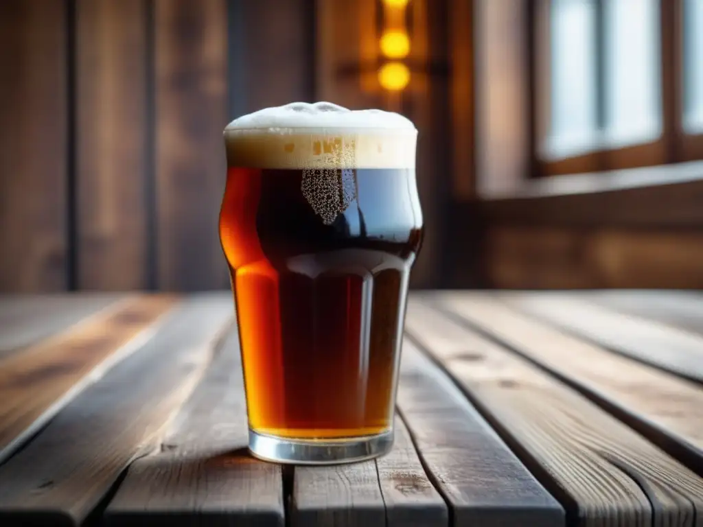 Imagen detallada de una copa llena de cerveza Scottish Ale, con espuma cremosa y burbujas visibles