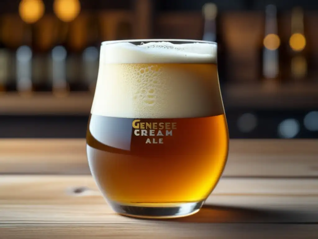 Cerveza cremosa y dorada en vaso de vidrio Cerveza Cream Ale en vaso de cristal, detalle 8k, espuma cremosa y dorada, condensación, iluminación suave