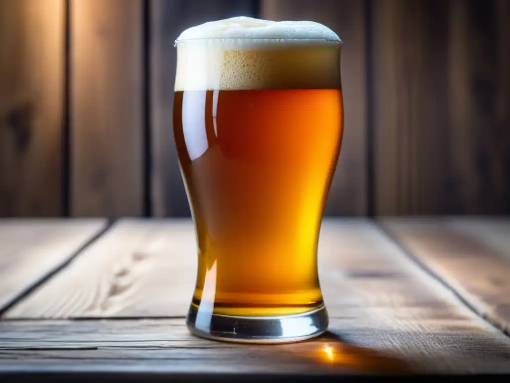 Cervezas Híbridas: Vaso de cerveza lleno de una mezcla única de trigo e IPA, sobre mesa de madera rústica, con luz suave iluminando el líquido ámbar