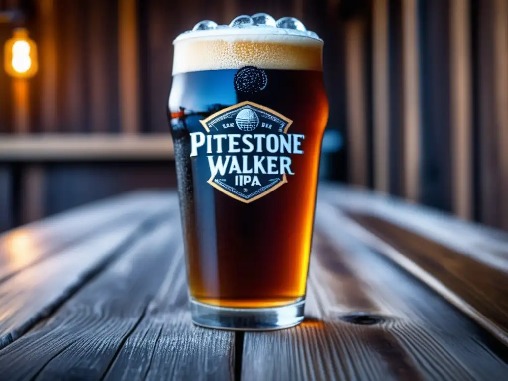 Cerveza IPA negra en vaso de cristal Cerveza Wookey Jack: Pinta negra repleta de detalles, condensación y espuma cremosa