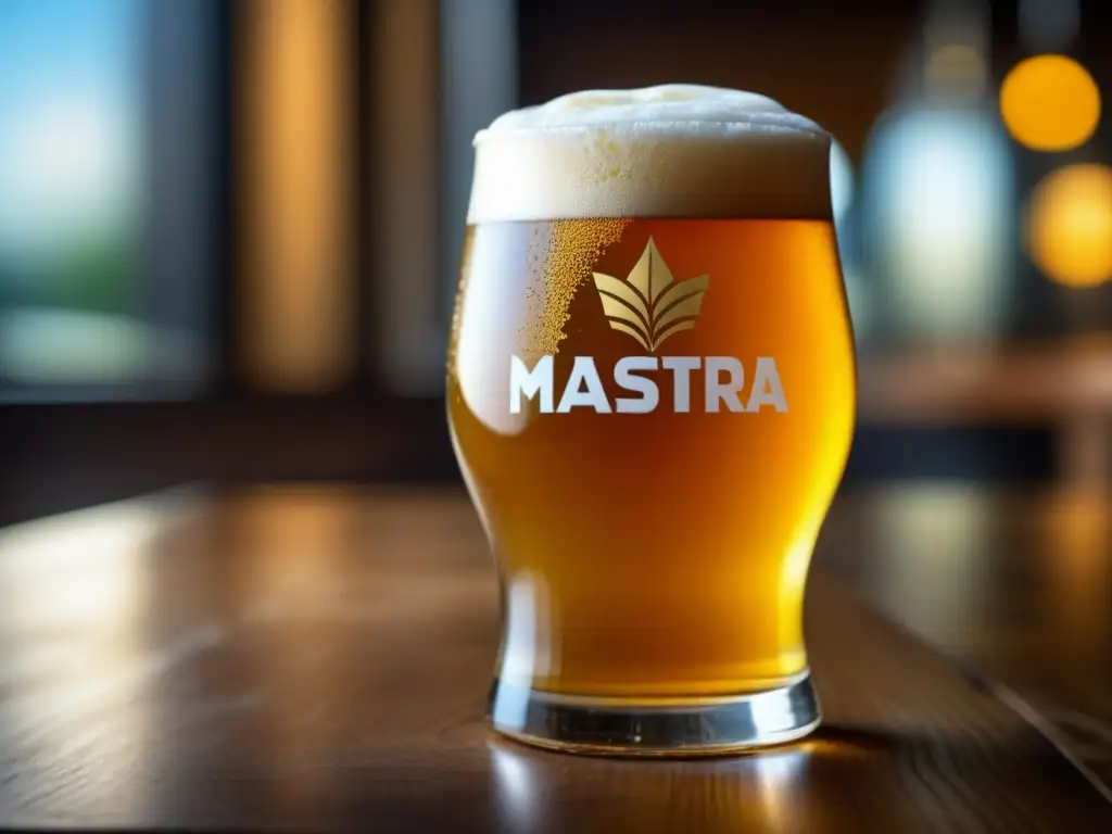 Cerveza dorada en vaso Imagen detallada de una cerveza Mastra Golden IPA en un vaso de vidrio con burbujas y condensación, en una mesa de madera