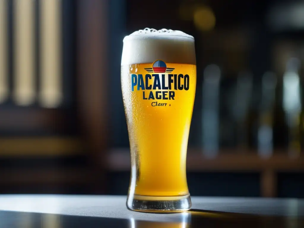 Clara Lager en vaso alto: claridad y frescura Cerveza Lager Mazatlán Pacifico Clara en vaso alto y delgado, con burbujas y condensación