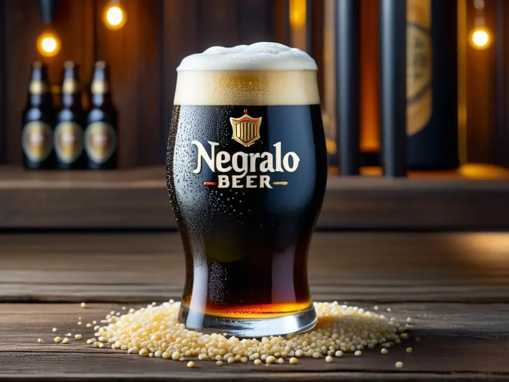 Cerveza Negra Modelo con espuma cremosa Cerveza Negra Modelo: Dark Lager con espuma cremosa y color intenso, rodeada de granos de cebada y lúpulo