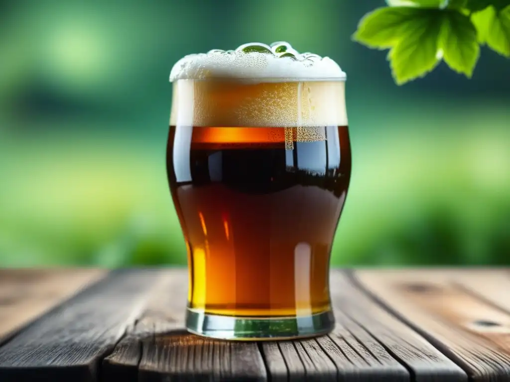 Cerveza orgánica en mesa rústica con fondo verde - Mercado Sostenible