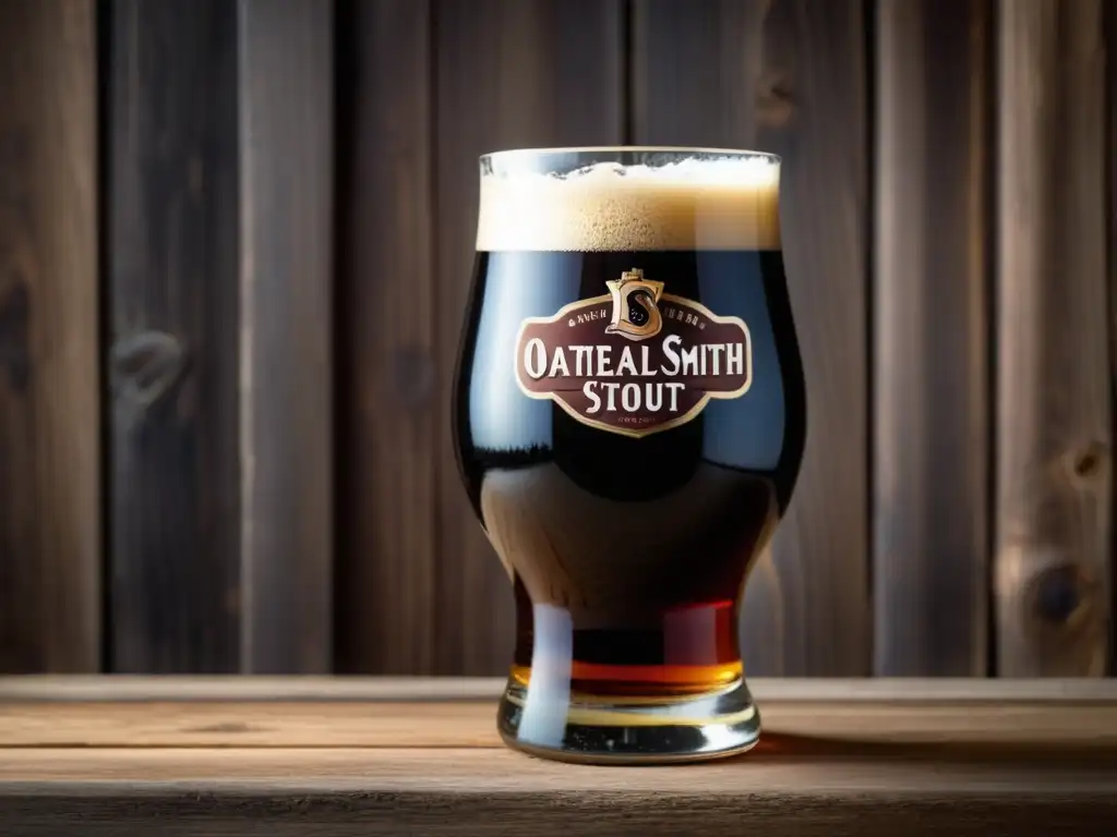 Cerveza stout de avena en vidrio Cerveza Samuel Smith's Oatmeal Stout, rica y oscura, en vaso de vidrio sobre mesa de madera rústica
