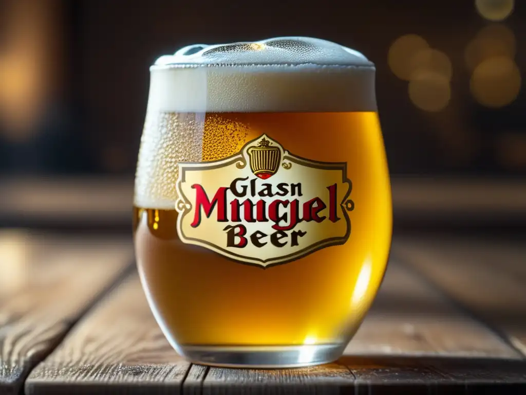 Cerveza San Miguel Pale Pilsen en vaso de cristal Imagen detallada de cerveza San Miguel Pale Pilsen en vaso, con burbujas y espuma, en mesa de madera