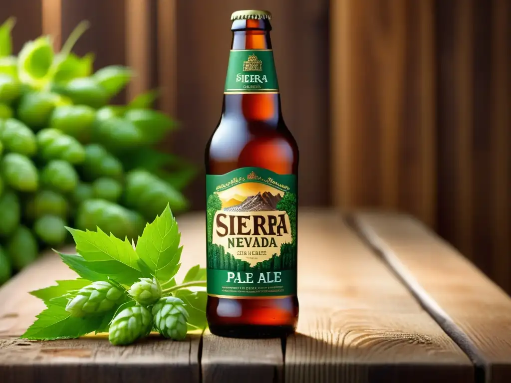Detalle perfecto de la cerveza Sierra Nevada APA Sierra Nevada con detalles exquisitos en mesa de madera rústica, rodeada de lúpulos verdes y granos de cebada dorada