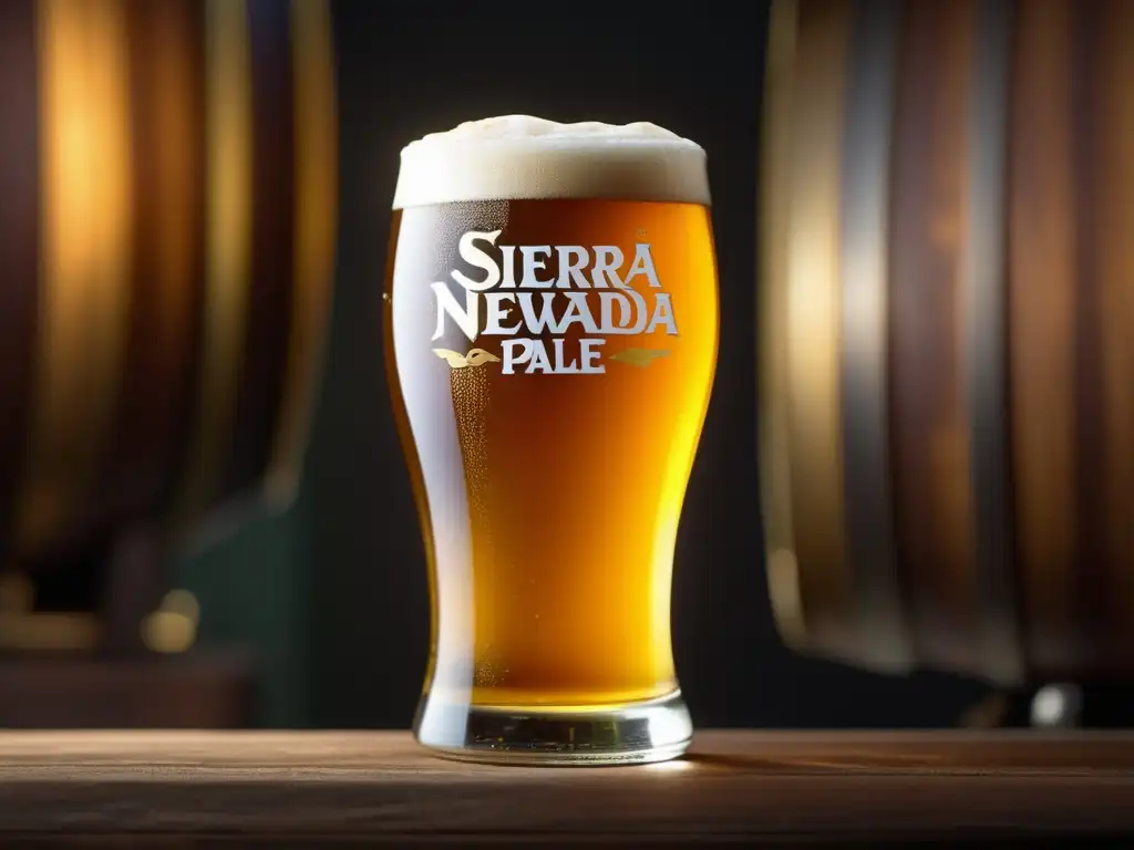 Cerveza Sierra Nevada Pale Ale en vaso Imagen detallada de una cerveza Sierra Nevada Pale Ale en un vaso, con burbujas y condensación