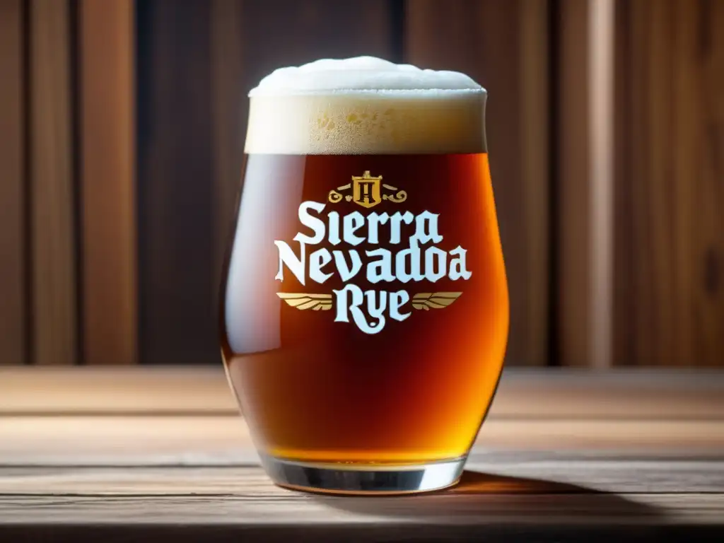 Cerveza Sierra Nevada Ruthless Rye IPA en vaso Cerveza Sierra Nevada Ruthless Rye IPA en vaso de vidrio, con espuma cremosa y burbujas, sobre mesa de madera - Rye Ale