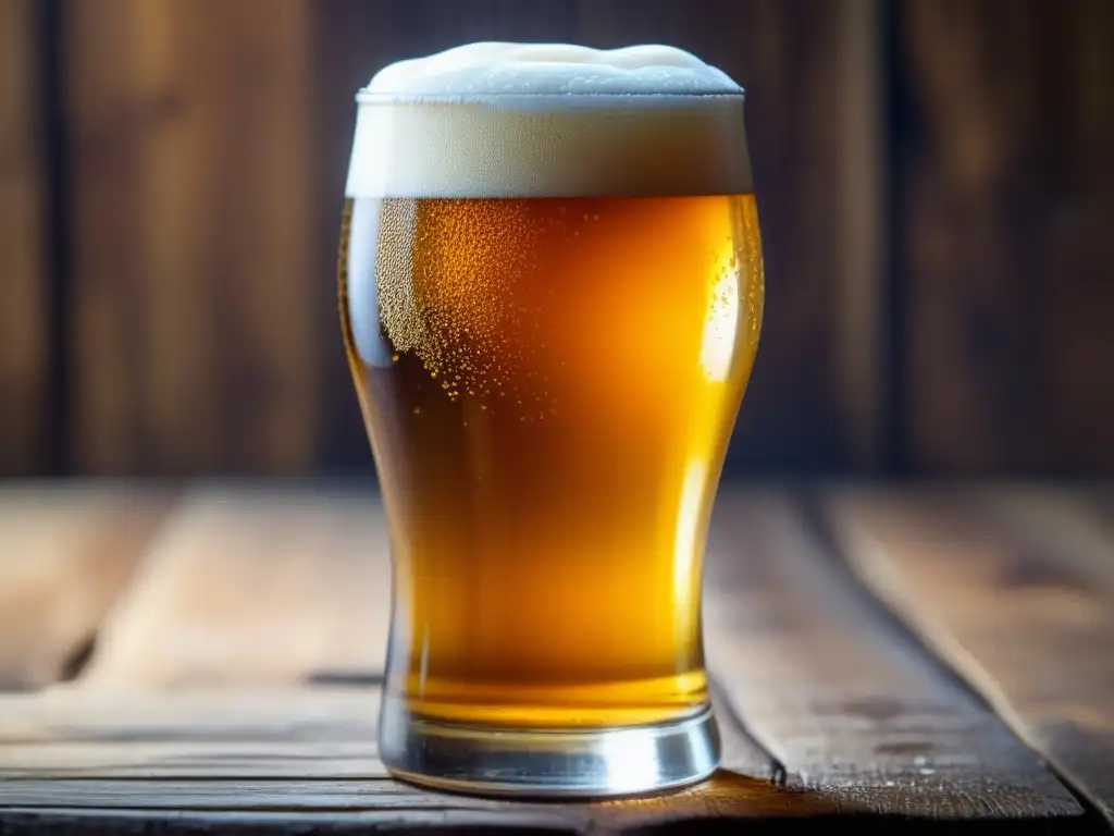 Cerveza Steinlager en vaso de vidrio Cerveza Steinlager en vaso de vidrio, burbujas doradas y espuma cremosa sobre mesa de madera rústica