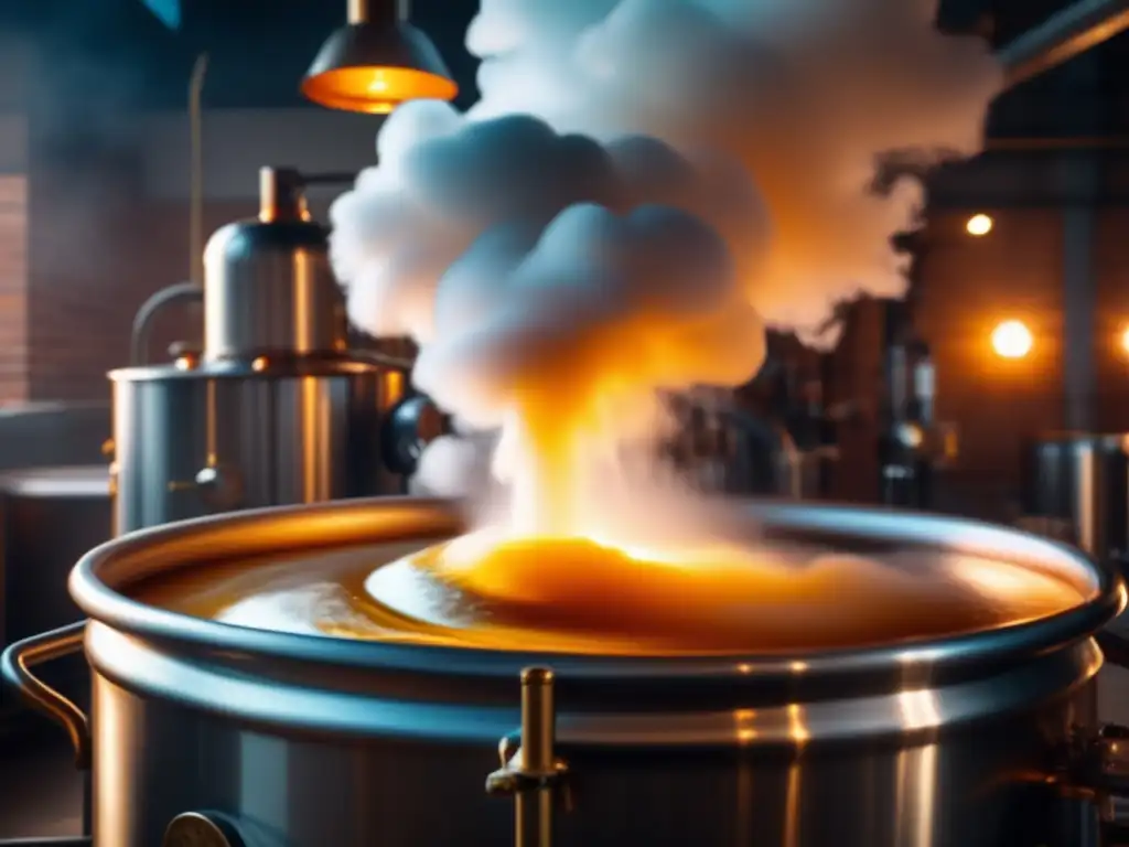 Ebullición vibrante en cervecería artesanal Ebullición lúpulo en cervecería artesanal: Imagen 8K macro con acabado mate que captura el fascinante momento del proceso de ebullición