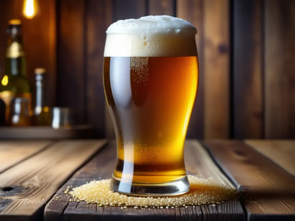Cerveza dorada rodeada de ingredientes de la elaboración Una imagen detallada de una cerveza dorada en un vaso rodeada de ingredientes de la elaboración, como lúpulo, cebada y levadura