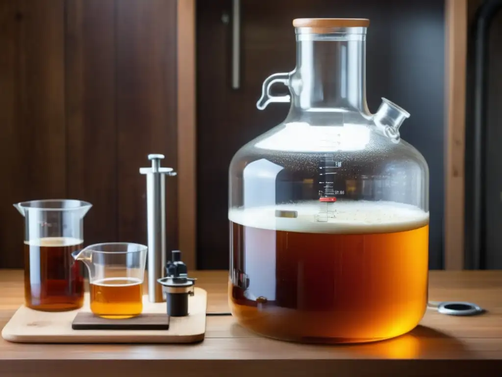 Equipo de elaboración de cerveza artesanal El Arte del Agua: Carboy de vidrio con líquido ámbar en una mesa de madera, equipo de elaboración de cerveza y detalles macro